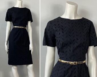 50s 60s Vintage Dress|50s 60s Black Eyelet Day Dress| 50s 60s Key Casuals Atlanta Dress| Metal Zipper  Little Black Dress LBD Modern Medium