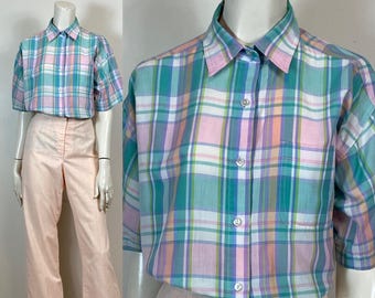 80s Pastel Plaid Button Up Shirt| Vtg Pink Plaid Short Sleeve Button Up Shirt