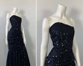 80s Black Sequin Mermaid Evening Gown| Vintage Prom Dress| Black Sequin 80s Prom Dress| Black Wedding Dress| Vintage New Years Dress XS - S