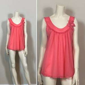 50s Chiffon Babydoll Nightie| 50s Coral Pink Faircraft Chiffon Babydoll Nightie Nightgown| 50s 60s Sissy Nightgown| 50s 60s Slumber Party