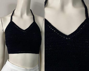 90s Y2K Crochet Knit Cropped Halter Top NWT Deadstock O/S | 2000s Black Crochet Top| Y2K Black Crochet Halter Top | Vintage Crop Top