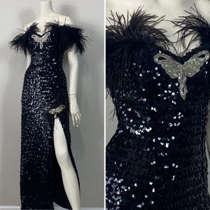 Vintage Sequin Dress| 30s 40s Old Hollywwod Style Black Sequin Beads and Feathers Dress| Clear Beaded Butterfly Accents| XS - S
