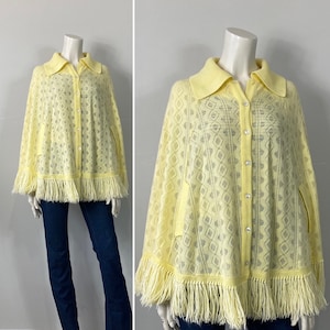 Vintage Cape| 60s 70s Knit Poncho Cape| 60s 70s Button Down Fringe Poncho| Vintage Diamond Design Knit Poncho with Fringe Collar