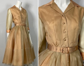 1950s New Look Silk Shirtwaist Dress Deadstock NWT XS | Gold & Peach Bouffant Dress | Vintage Belted Dress