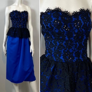 50s 60s TINY Cocktail Dress XXS | 50s 60s Black Lace Peplum Royal Blue Sateen Skirt Dress| 50s Evening Dress