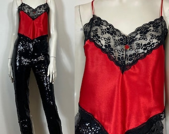 80er Jahre Friedrich von Hollywood Camisole roter Satin schwarze Spitze V Cami Größe Medium