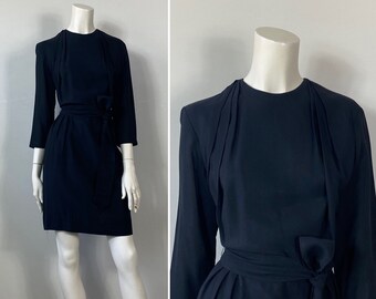 40s 50s Belted Little Black Dress LBD Style Row Belted Black Dress Metal Zipper Modern Size Medium