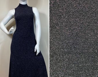 90s Sparkling Shimmering Stretch Knit Dress Size 8 fits M L XL  | Sleeveless Black Mock Turtleneck Dress