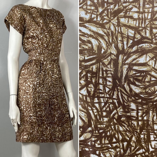 Elegant 50s 60s Designer Dress with Pockets Bergdorf Goodman Mollie Parnis Abstract Rose Print Dress | Modern Small to Medium