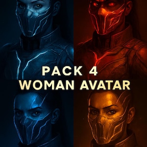 May include: Digital art featuring four portraits of a woman avatar with futuristic masks and armor. The avatars are in blue, red, and gold tones. The text "PACK 4 WOMAN AVATAR" is displayed in the center of the image.