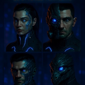 May include: A digital art image featuring four stylized cyberpunk portraits. The top text reads "CYBERPUNK AVATARS" and "20 STYLISED PORTRAITS". The portraits have glowing blue eyes and neon accents, set against a dark blue background.