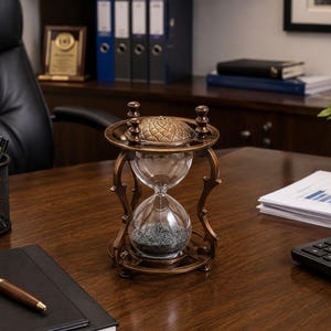 May include: An antique-style hourglass featuring a bronze-toned metal frame with ornate curved supports and a textured, dome-shaped top. The clear glass bulbs contain fine dark gray sand, held within a sturdy circular base on a wooden desk surface.