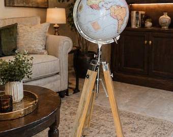 18-CALOWY klasyczny globus z drewnianym stojakiem na trójnogu – elegancki akcent do salonu