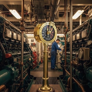 May include: A detailed view inside a ship's engine room, featuring a brass engine order telegraph. The telegraph is centered, with a circular dial and a lever. The room has large green engines, pipes, and a person in blue overalls.