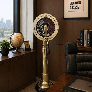 Könnte beinhalten: Ein Messing-Schiffstelegraf steht in einem Büro. Der Telegraf hat ein rundes Zifferblatt mit Richtungsanzeigen und dem Text "J.C. Krohn & Son Ltd.". Ein gerahmter Druck mit den Worten "Discipline, Focus, Execution, Success" hängt an der Wand.