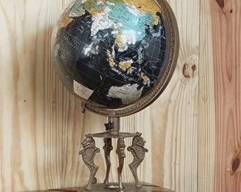 Globo terráqueo vintage de 30 cm (12 pulgadas) – Soporte de latón antiguo con forma de león y base de brújula – Negro