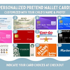 May include: A collection of personalized pretend wallet cards, including a driver's license, credit cards, a library card, and gift cards. The cards are customized with a child's name and photo. The image includes the text "PERSONALIZED PRETEND WALLET CARDS".