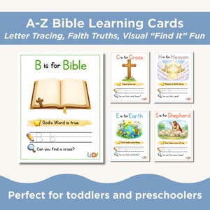 Christian ABC Flashcards for Toddlers | Bible Alphabet Printable | Preschool Homeschool | Sunday School Letter Tracing | Scripture Cards image 2
