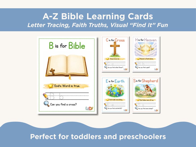 Christian ABC Flashcards for Toddlers | Bible Alphabet Printable | Preschool Homeschool | Sunday School Letter Tracing | Scripture Cards image 2