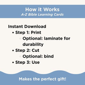 May include: A light blue graphic with the text "How it Works" and "A-Z Bible Learning Cards." Instructions include printing, cutting, and using the cards. The text "Makes the perfect gift!" is at the bottom.