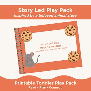 Op de afbeelding: Een oranje en wit printbaar peuterspeelpack met de tekst "Story Led Play Pack" en "Printable Toddler Play Pack". De pack bevat een cartoonmuis, koekjes en de tekst "Story-Led Play Pack for Toddlers".
