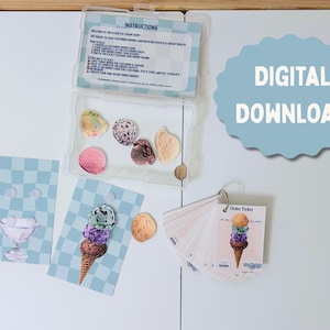 Może przedstawiać: Cyfrowy zestaw gier w lodziarni do pobrania. Zestaw zawiera gałki lodów, bilety zamówień i karty z rożkami i pucharkami lodów. Tekst "DIGITAL DOWNLOAD" znajduje się na niebieskim, falistym kształcie.