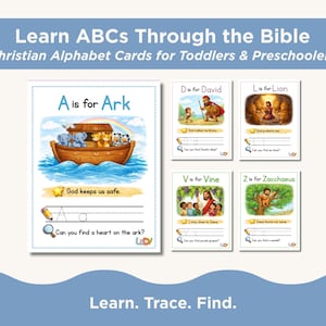 May include: Educational Christian alphabet cards for toddlers and preschoolers. The cards feature colorful illustrations of Bible stories, including Noah's Ark, David, and the Lion. Each card has a letter, a picture, and a tracing activity.