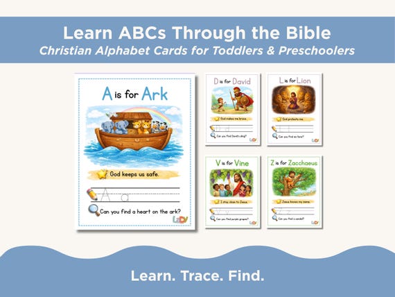 Christian ABC Flashcards for Toddlers | Bible Alphabet Printable | Preschool Homeschool | Sunday School Letter Tracing | Scripture Cards