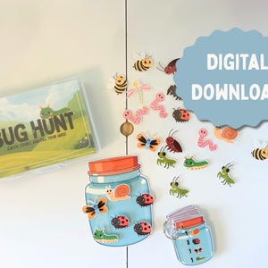 May include: A clear plastic case with the words "BUG HUNT" and a landscape scene. Scattered around are colourful bug cutouts, including bees, ladybirds, and butterflies. Two illustrated jars are also present, along with the words "DIGITAL DOWNLOAD" in a blue cloud.