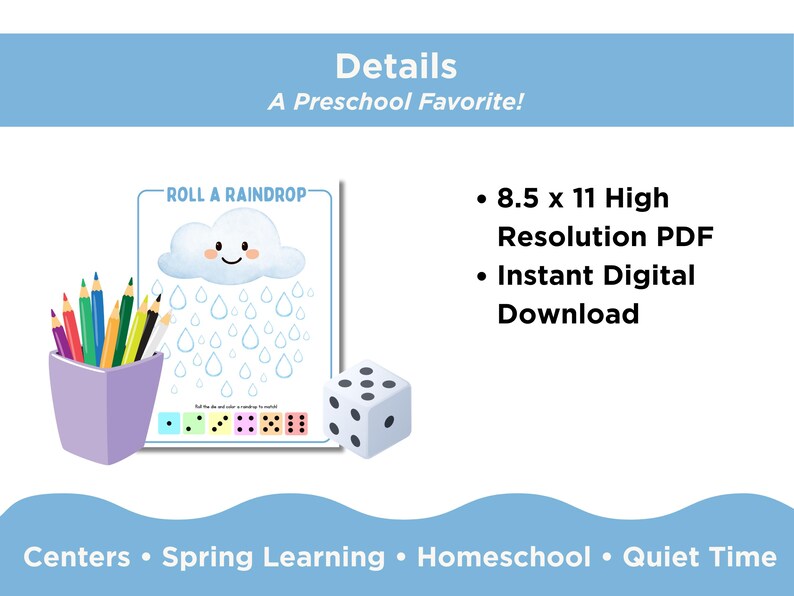 Spring Counting Game Printable for Toddlers | Roll a Raindrop Dice Game ...
