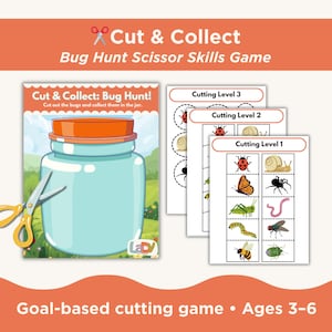 May include: A children's educational game titled "Cut & Collect: Bug Hunt!" featuring a jar, scissors, and cutting level cards with various insects. The game is designed for ages 3-6 and promotes scissor skills.