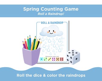 Spring Counting Game Printable for Toddlers | Roll a Raindrop Dice Game | Preschool Math Activity | Rain Theme Learning Game | Homeschool