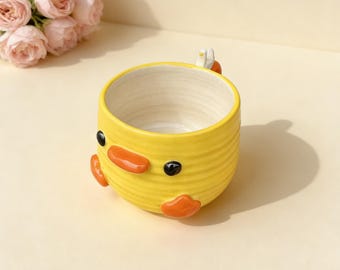 Ręcznie robiony, uroczy kubek do kawy w kształcie kaczuszki, żółty ceramiczny kubek w kształcie zwierzęcia z dziobem, duży kubek z motywem ptaka, uroczy prezent na parapetówkę lub dla miłośników kawy