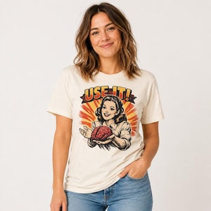 Retro Woman Brain Graphic Tee, Vintage Thinking Humor T-Shirt, Sarcastic Statement Shirt