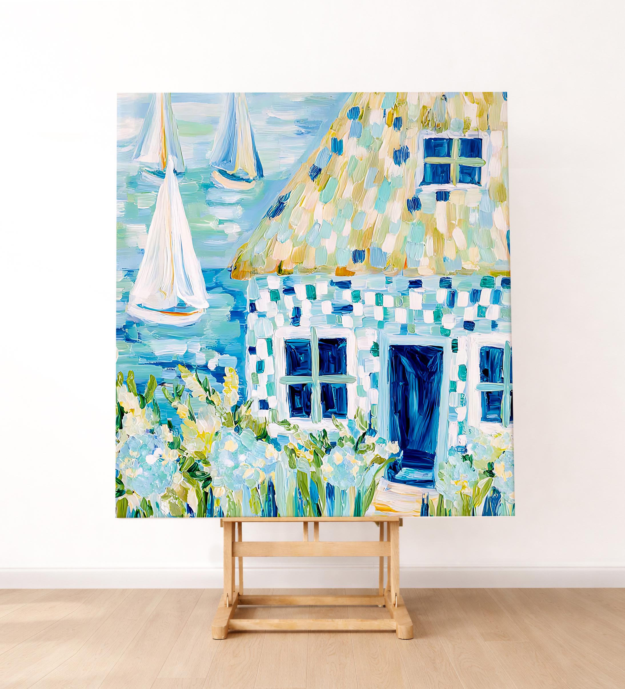 Beach Seaside Cottage Wall Art, Abstract Cottage Painting, Colorful ...