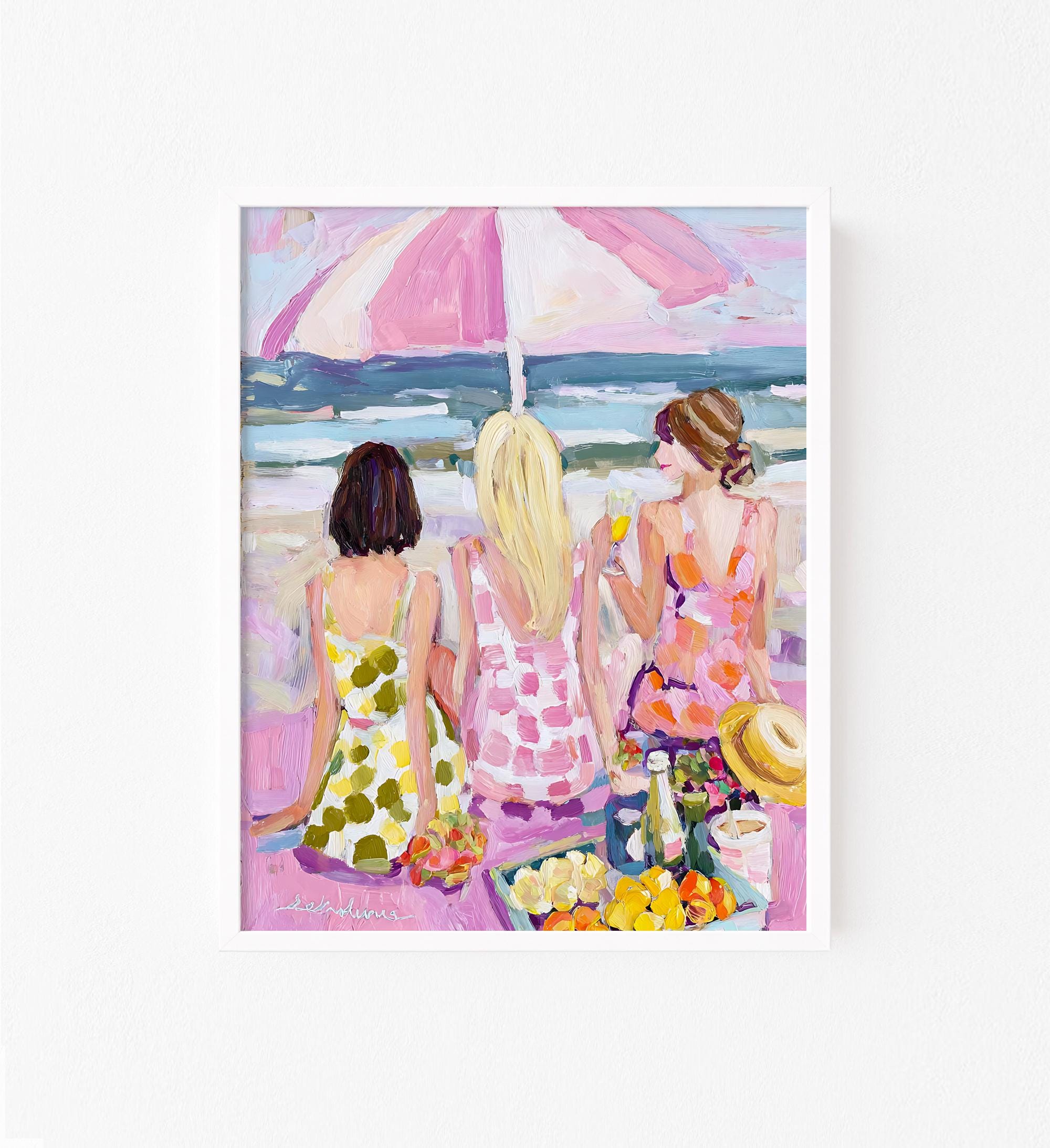 Beach Umbrella Wall Art, Abstract Beach Woman Painting, Vibrant