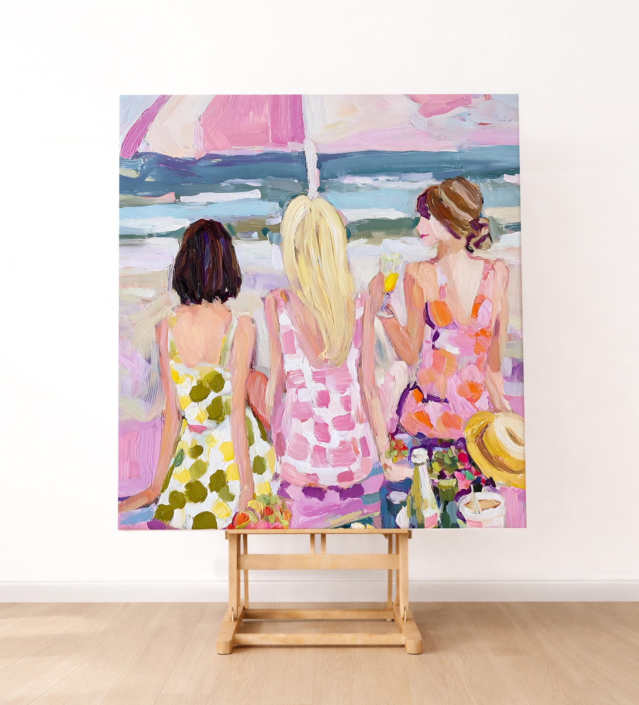 Beach Umbrella Wall Art, Abstract Beach Woman Painting, Vibrant