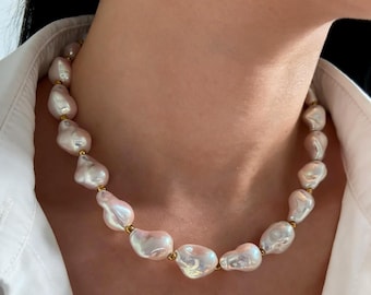 Handmade Baroque Pearl Necklace – Australian White, Sterling Silver Gold Clasp