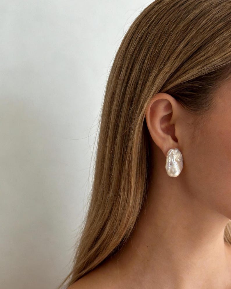 Handmade Baroque Pearl Earrings, 18K Gold Plated Posts/ Clip On Minimalist Jewelry image 8