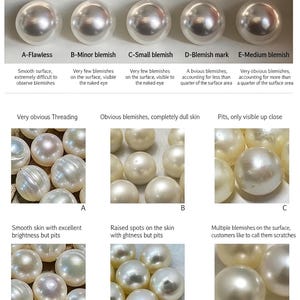 May include: A pearl grading chart displaying five white pearls labeled A through E with descriptions of surface quality, followed by six sections labeled A through G showing various pearl textures, threading, and blemish levels.