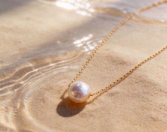 Aurora Akoya Pearl Pendant Necklace, 18K Gold Princess Diana Style, Japanese Saltwater Pearl, High Luster Minimalist Single Pearl Necklace