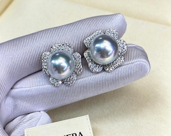 Australian South Sea Pearl Stud Earrings, Moonlit Bloom 12.6mm Silver Blue Pearls, Luxury Floral S925 CZ Statement Earrings