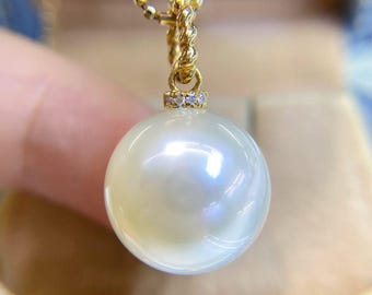 18K Gold Diamond Australian South Sea Pearl Pendant, 13–14mm Near Round, Exceptional Luster, Fine Jewelry