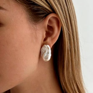 Handmade Baroque Pearl Earrings, 18K Gold Plated Posts/ Clip On Minimalist Jewelry image 1