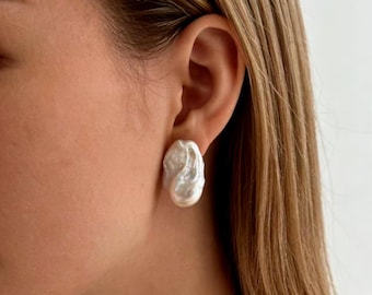 Handmade Baroque Pearl Earrings, 18K Posts, Minimalist Jewelry
