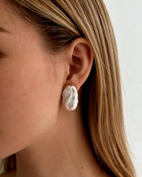 Handmade Baroque Pearl Earrings, 18K Gold Plated Posts/ Clip On Minimalist Jewelry