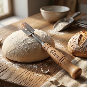 May include: A wooden bread lame with a stainless steel blade rests on a wooden surface next to a loaf of bread and a ball of dough. The handle is engraved with the name "Ana". Flour is sprinkled on the table.