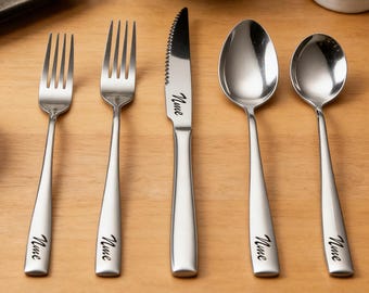 Personalized Stainless Steel Flatware Set, Engraved Name Cutlery, Custom Tableware Gift