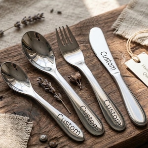 Custom Engraved Stainless Steel Kids Utensils Set, Personalized Children's Tableware 4 Pcs