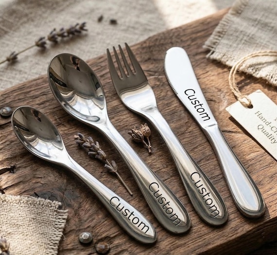 Benutzerdefinierte gravierte Edelstahl Kinder Utensilien Set, personalisierte Kindergeschirr 4 Stk